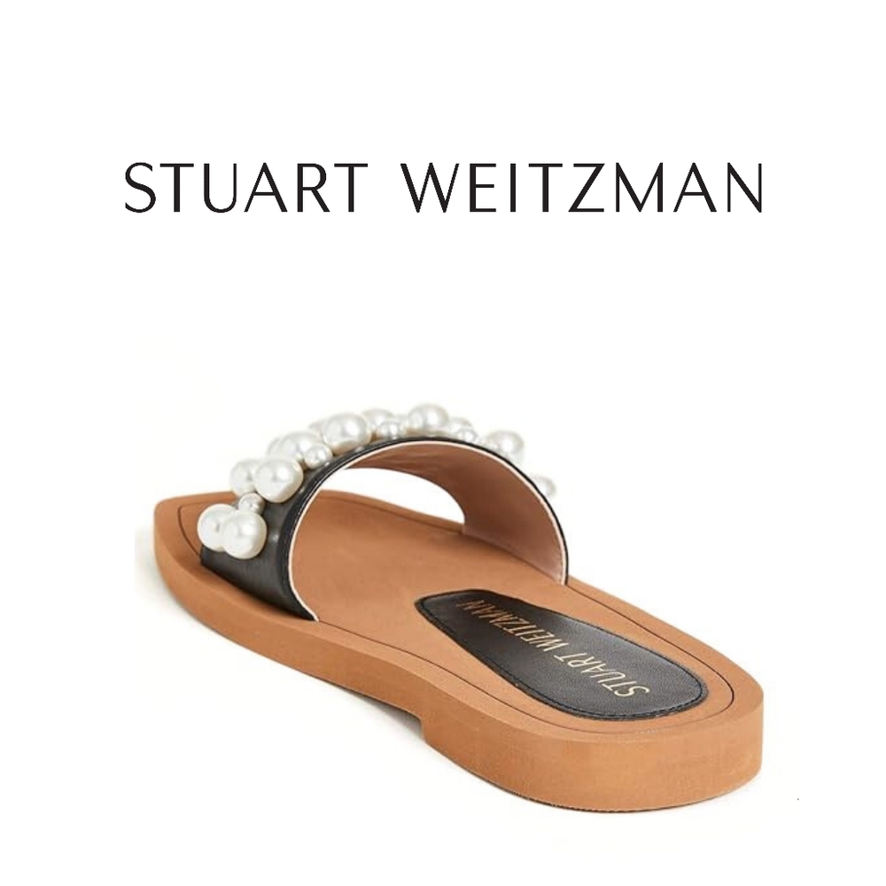 Stuart Weitzman Goldie Faux Pearl-Studded Leather Slides Size 9 Authentic - Picture 8 of 9